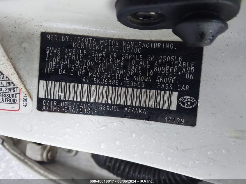 2006 Toyota Avalon Xl VIN: 4T1BK36B86U153509 Lot: 40019017