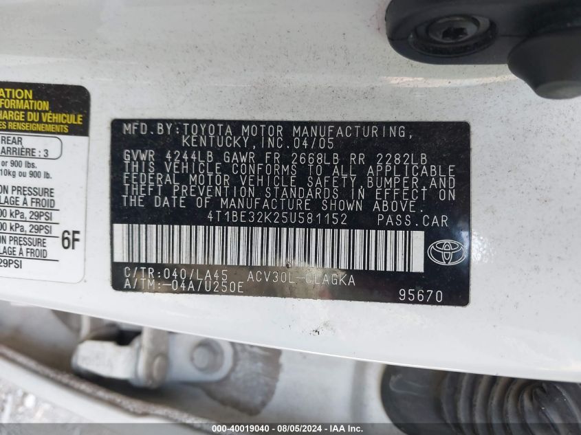 2005 Toyota Camry Xle VIN: 4T1BE32K25U581152 Lot: 40019040