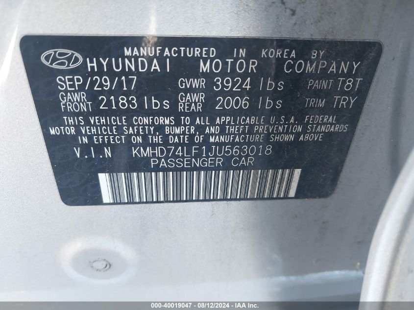 2018 Hyundai Elantra Se VIN: KMHD74LF1JU563018 Lot: 40019047