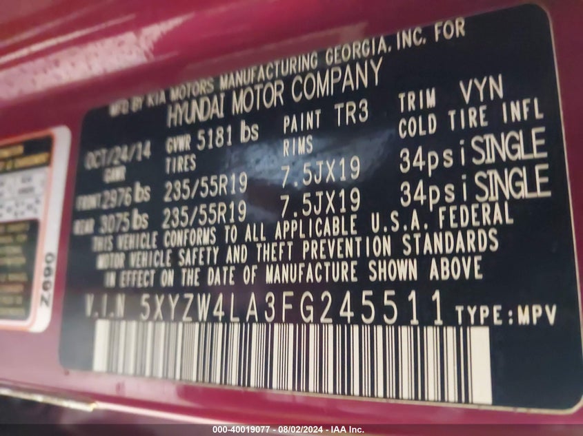 2015 Hyundai Santa Fe Sport VIN: 5XYZW4LA3FG245511 Lot: 40019077