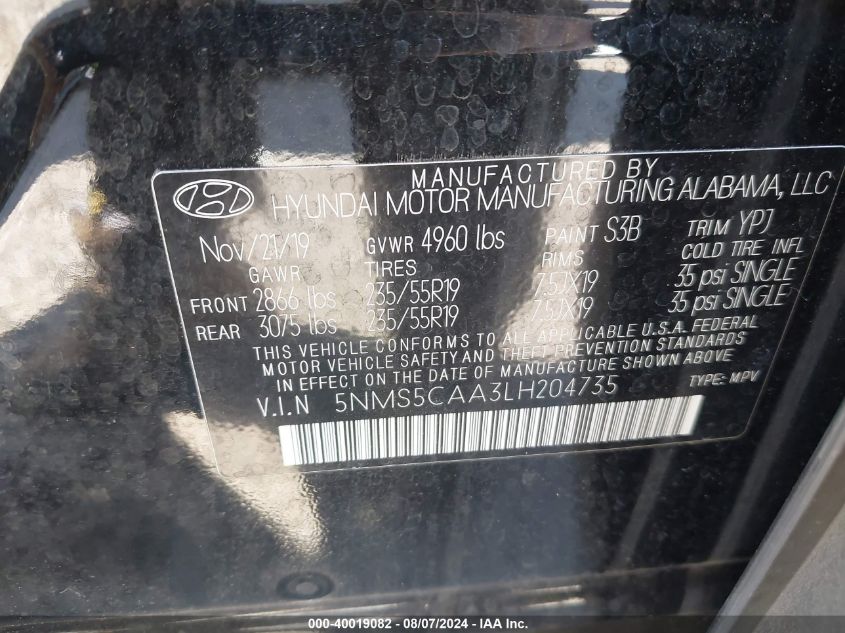 2020 Hyundai Santa Fe Limited 2.0T VIN: 5NMS5CAA3LH204735 Lot: 40019082