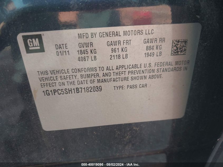 2011 Chevrolet Cruze Ls VIN: 1G1PC5SH1B7182039 Lot: 40019095