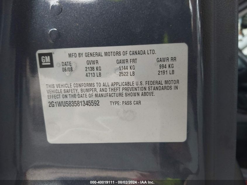 2008 Chevrolet Impala Ltz VIN: 2G1WU583581345592 Lot: 40019111