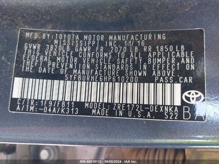 2017 TOYOTA COROLLA LE - 5YFBURHE6HP610200