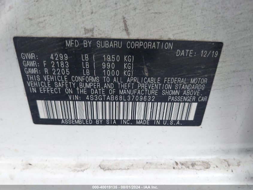 2020 Subaru Impreza 5-Door VIN: 4S3GTAB68L3709632 Lot: 40019135