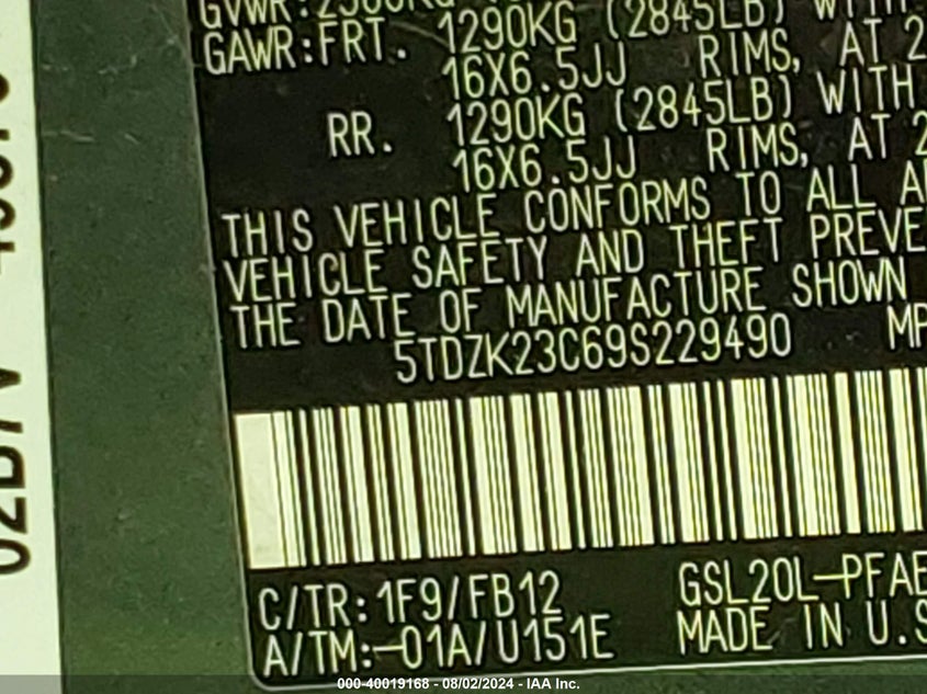 2009 Toyota Sienna Ce VIN: 5TDZK23C69S229490 Lot: 40019168