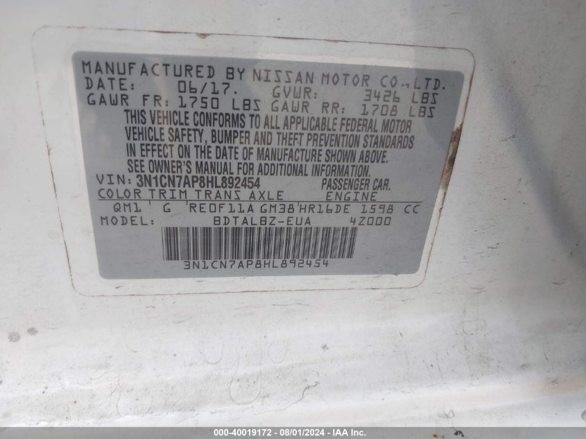 3N1CN7AP8HL892454 2017 Nissan Versa 1.6 Sv