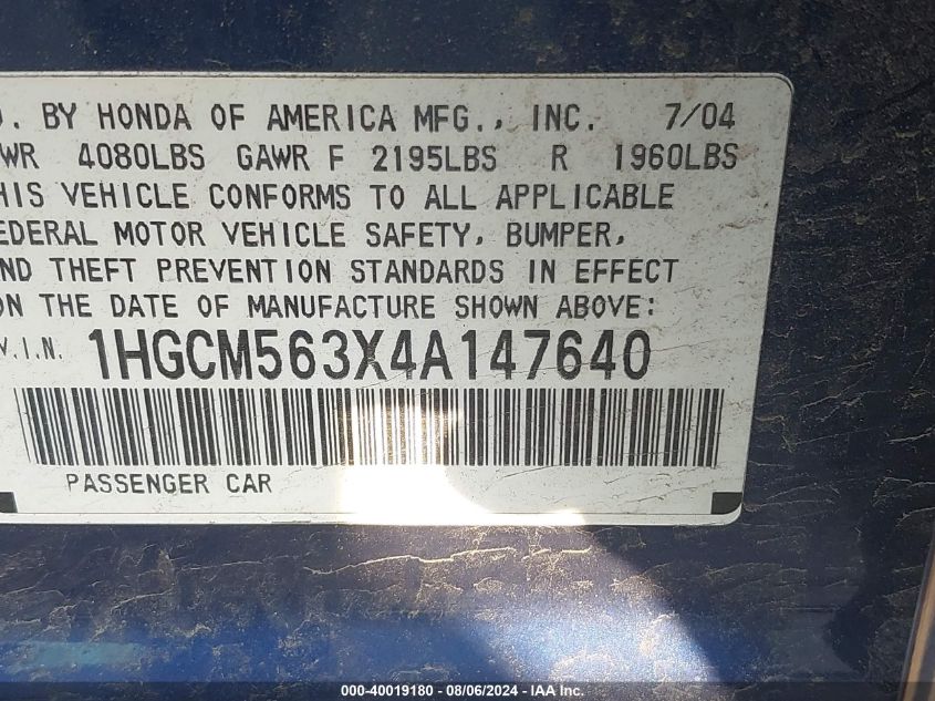 2004 Honda Accord Lx VIN: 1HGCM563X4A147640 Lot: 40019180