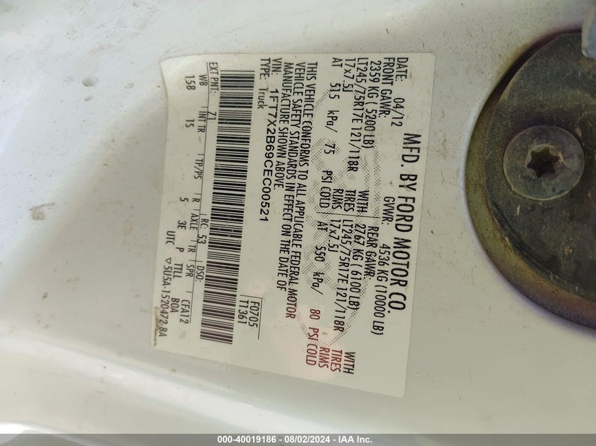 2012 Ford F-250 Xl VIN: 1FT7X2B69CEC00521 Lot: 40019186