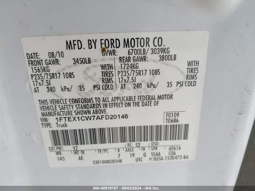 2010 Ford F-150 Stx/Xl VIN: 1FTEX1CW7AFD20146 Lot: 40019187