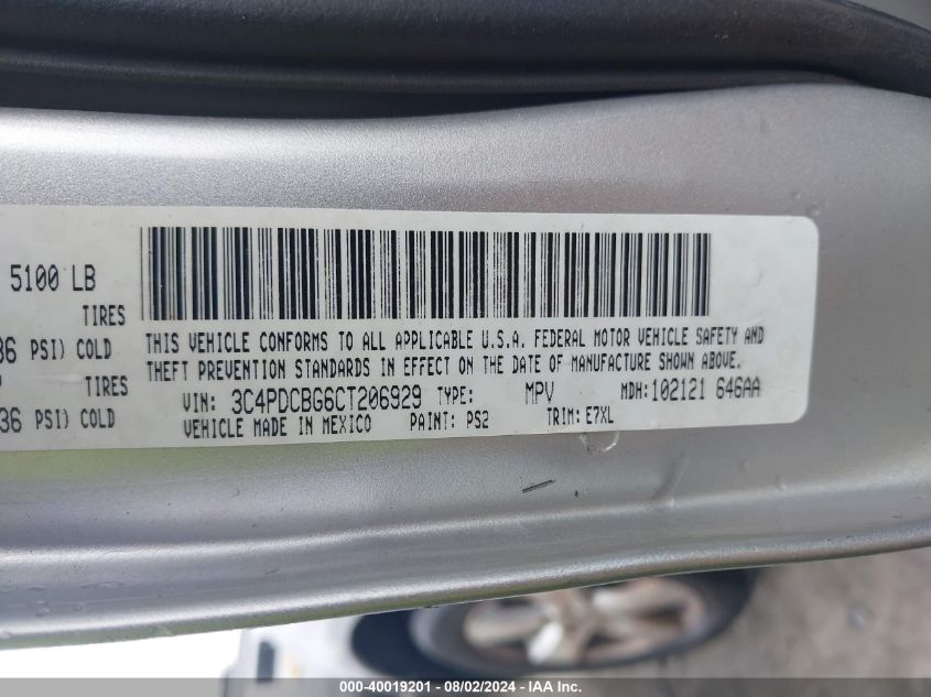 2012 Dodge Journey Sxt VIN: 3C4PDCBG6CT206929 Lot: 40019201