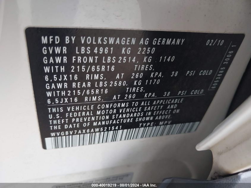 2010 Volkswagen Tiguan S VIN: WVGBV7AX6AW521541 Lot: 40019219