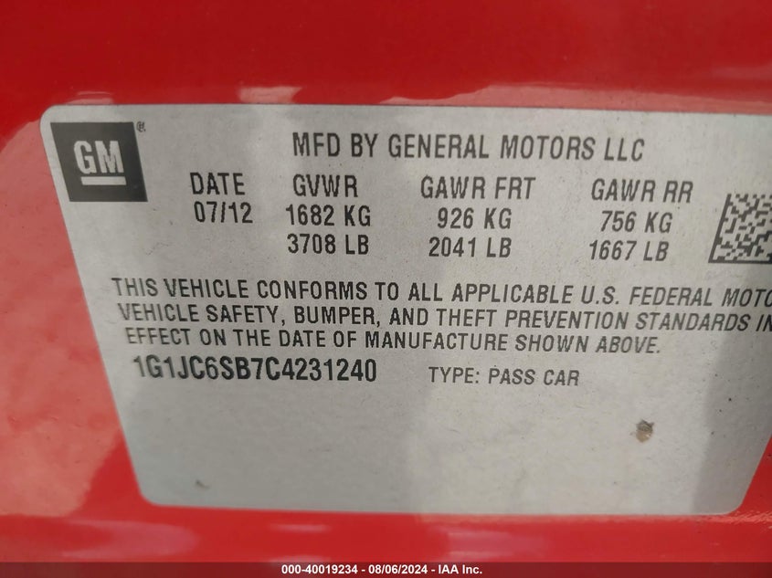 2012 Chevrolet Sonic 2Lt VIN: 1G1JC6SB7C4231240 Lot: 40019234