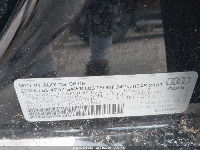 2010 Audi A4 2.0T Premium VIN: WAUEFAFL0AN003512 Lot: 40019252