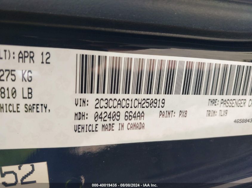 2012 Chrysler 300 Limited VIN: 2C3CCACG1CH250919 Lot: 40019435