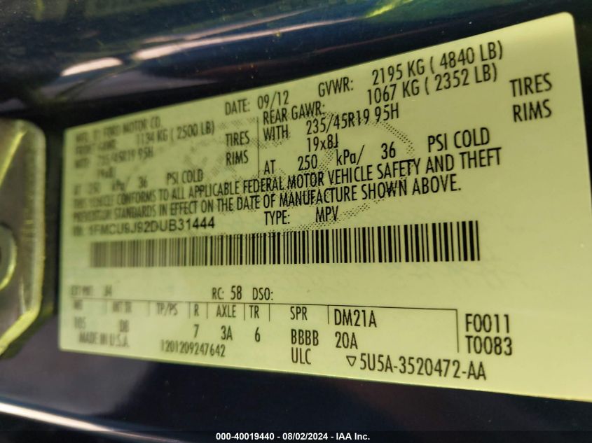 2013 Ford Escape Titanium VIN: 1FMCU9J92DUB31444 Lot: 40019440