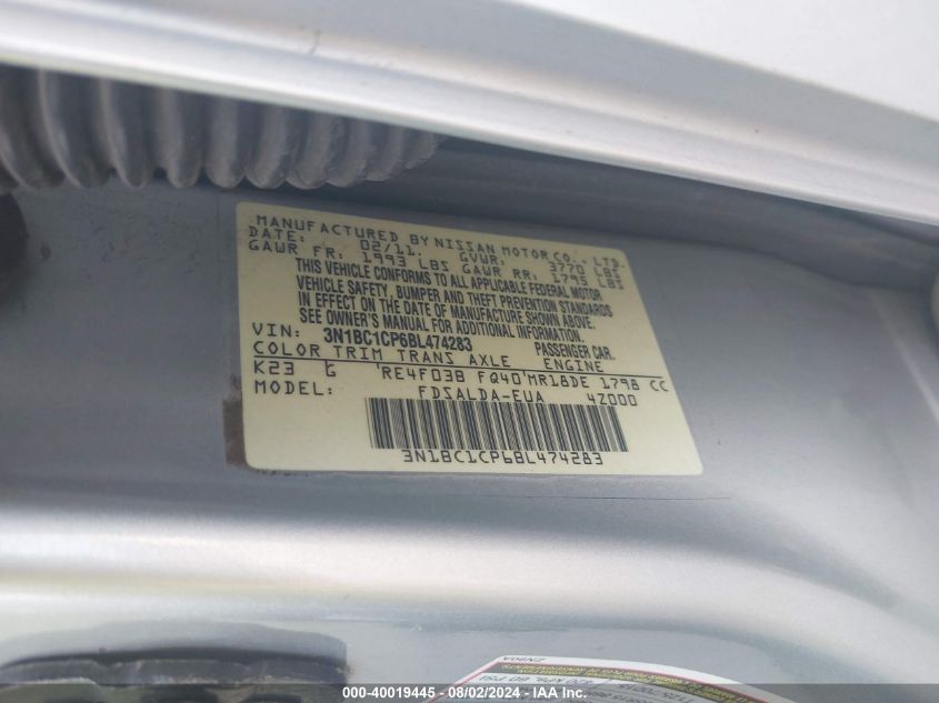 2011 Nissan Versa 1.8S VIN: 3N1BC1CP6BL474283 Lot: 40019445