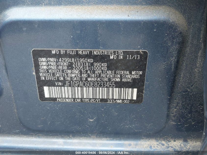 2014 Subaru Impreza 2.0I Premium VIN: JF1GPAC60E8233455 Lot: 40019456