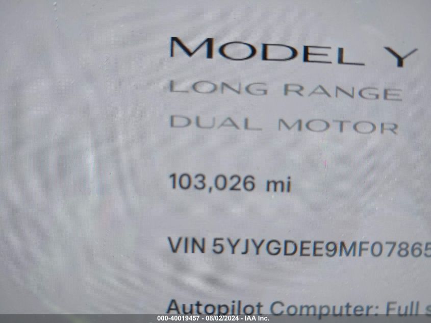 2021 Tesla Model Y Long Range Dual Motor All-Wheel Drive VIN: 5YJYGDEE9MF078651 Lot: 40019457