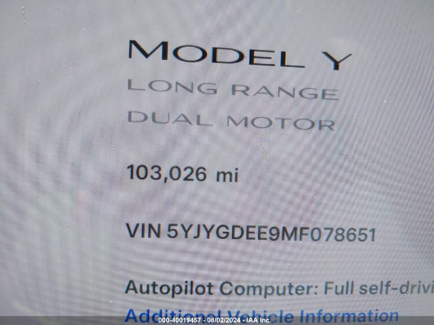 2021 Tesla Model Y Long Range Dual Motor All-Wheel Drive VIN: 5YJYGDEE9MF078651 Lot: 40019457