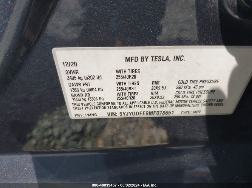 2021 Tesla Model Y Long Range Dual Motor All-Wheel Drive VIN: 5YJYGDEE9MF078651 Lot: 40019457