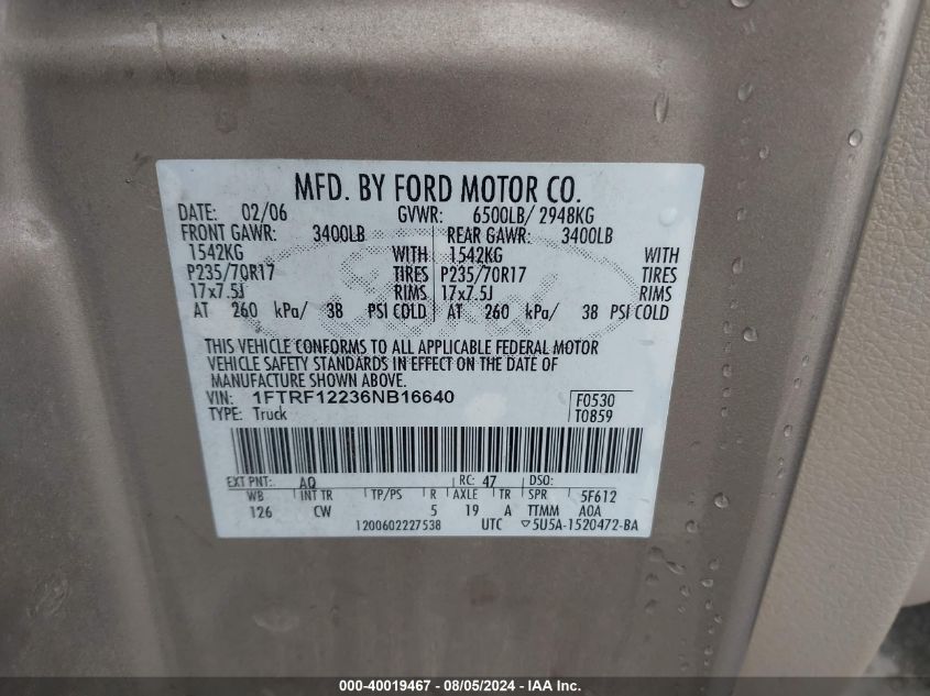 2006 Ford F-150 Stx/Xl/Xlt VIN: 1FTRF12236NB16640 Lot: 40019467