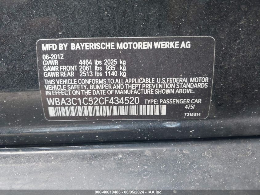 2012 BMW 328I VIN: WBA3C1C52CF434520 Lot: 40019485