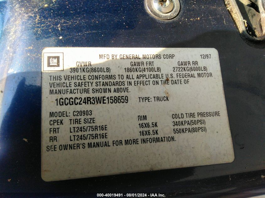 1GCGC24R3WE158659 | 1998 CHEVROLET C2500