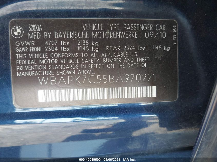 2011 BMW 328I xDrive VIN: WBAPK7C55BA970221 Lot: 40019500
