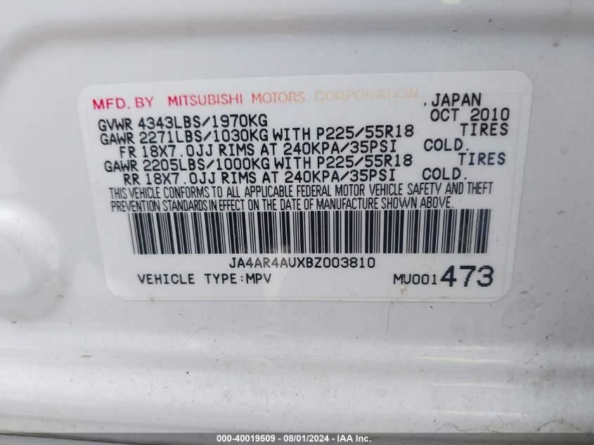 2011 Mitsubishi Outlander Sport Se VIN: JA4AR4AUXBZ003810 Lot: 40019509