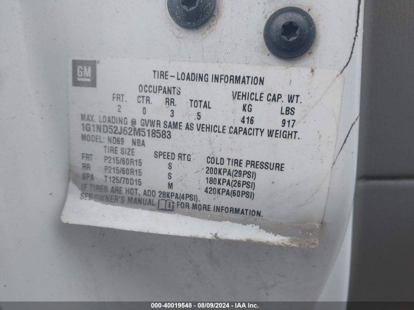 2002 Chevrolet Malibu VIN: 1G1ND52J62M518583 Lot: 40019548