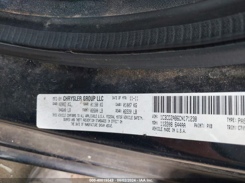 2012 Dodge Avenger Se VIN: 1C3CDZAB6CN171238 Lot: 40019549