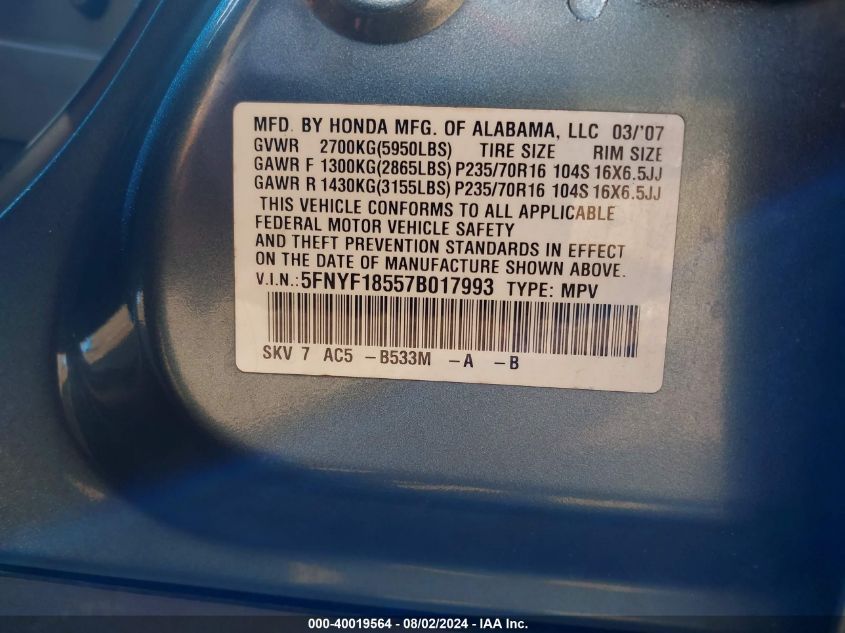 2007 Honda Pilot Ex-L VIN: 5FNYF18557B017993 Lot: 40019564