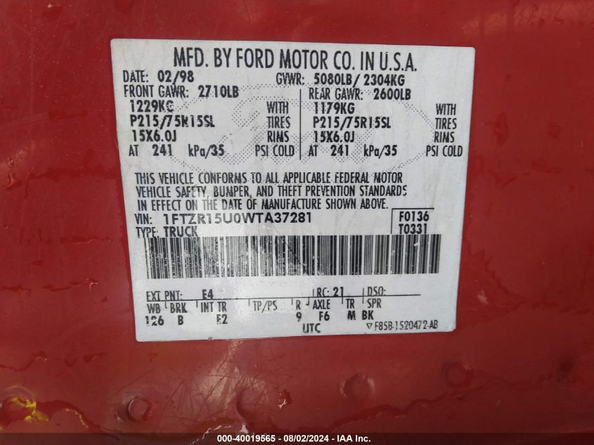 1998 Ford Ranger Splash/Xl/Xlt VIN: 1FTZR15U0WTA37281 Lot: 40019565