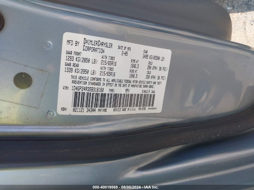 2005 Dodge Grand Caravan Se VIN: 1D4GP24R35B318160 Lot: 40019569