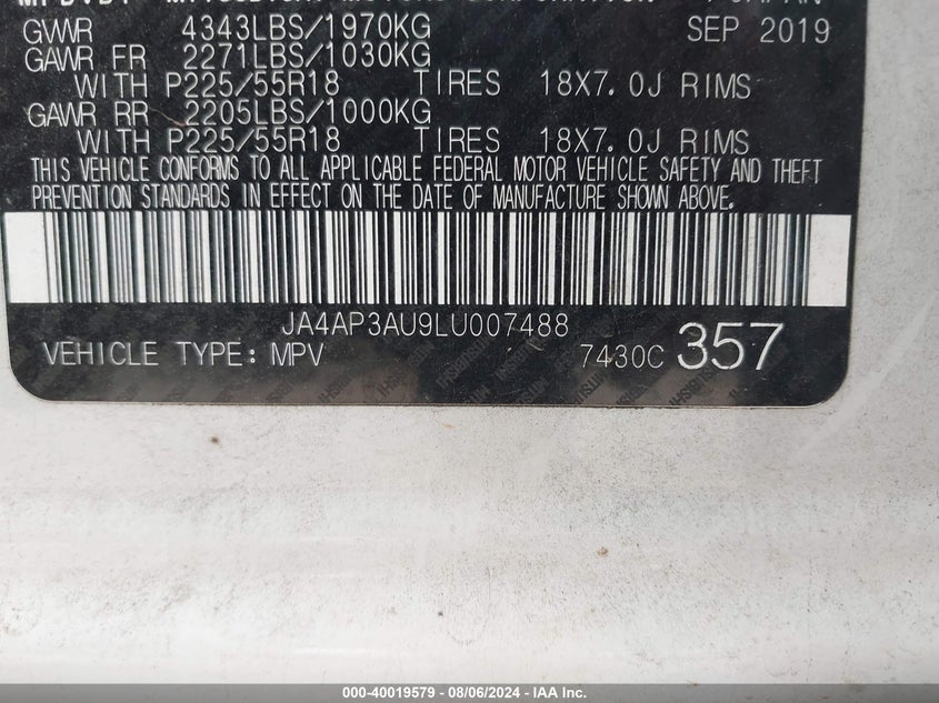 VIN JA4AP3AU9LU007488 2020 MITSUBISHI OUTLANDER SPORT 2.0 BE/2.0 ES/2.0 SP