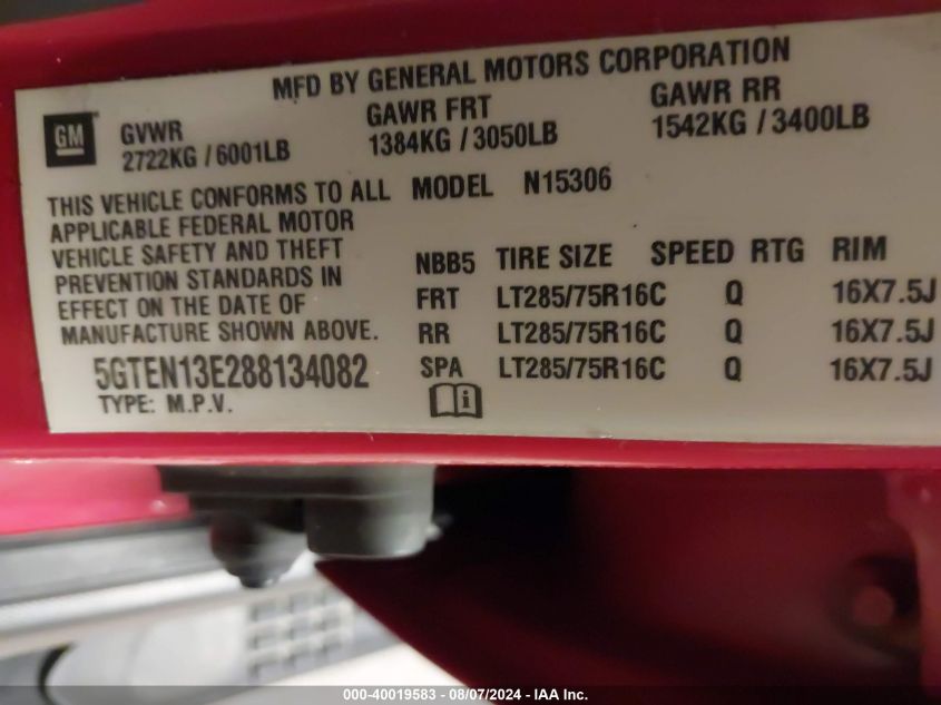 2008 Hummer H3 Suv VIN: 5GTEN13E288134082 Lot: 40019583