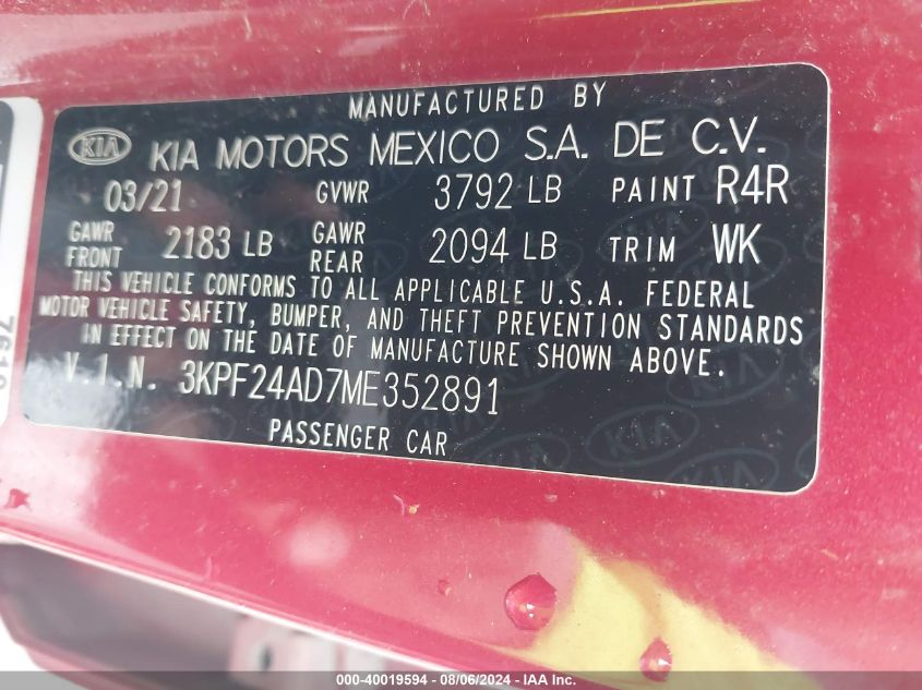 3KPF24AD7ME352891 2021 Kia Forte Lxs