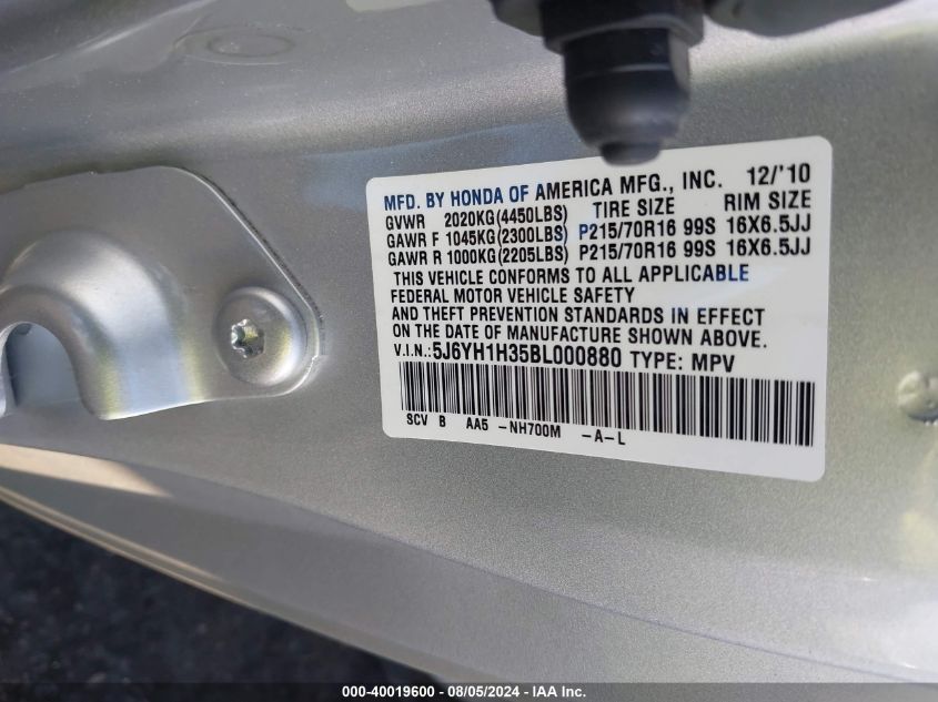 2011 Honda Element Lx VIN: 5J6YH1H35BL000880 Lot: 40019600