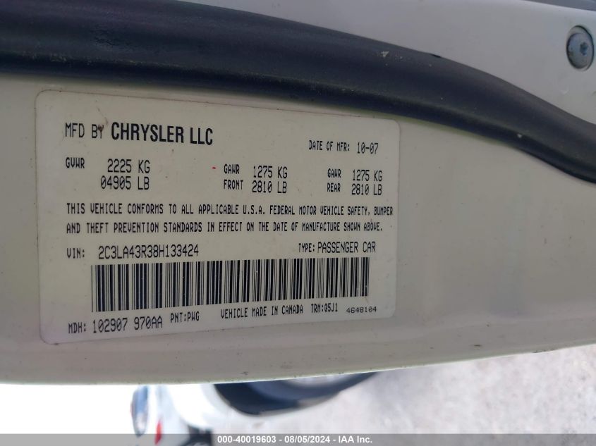 2008 Chrysler 300 Lx VIN: 2C3LA43R38H133424 Lot: 40019603