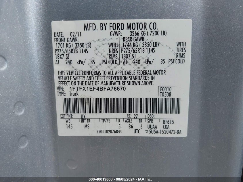 2011 Ford F-150 Xlt VIN: 1FTFX1EF4BFA76670 Lot: 40019608