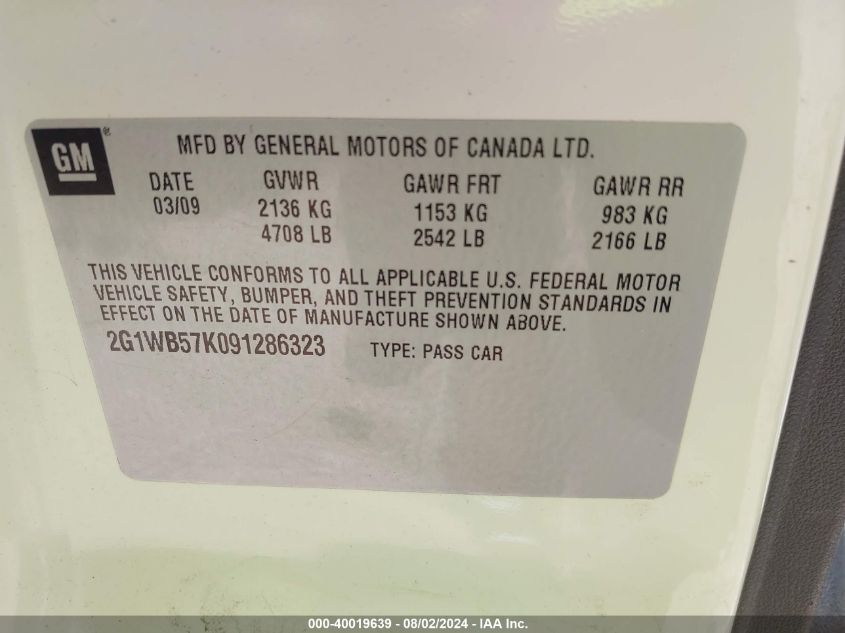 2009 Chevrolet Impala Ls VIN: 2G1WB57K091286323 Lot: 40019639