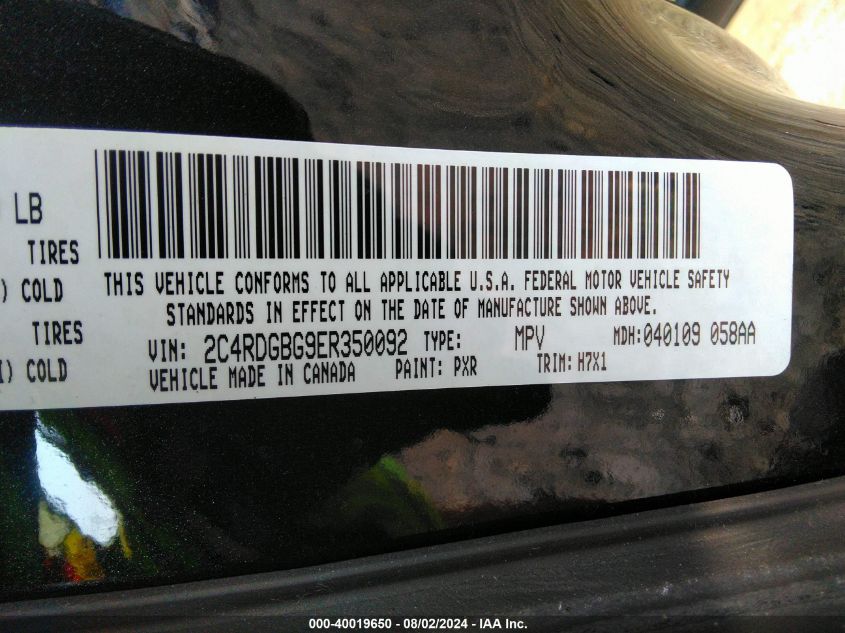 2014 Dodge Grand Caravan Se VIN: 2C4RDGBG9ER350092 Lot: 40019650