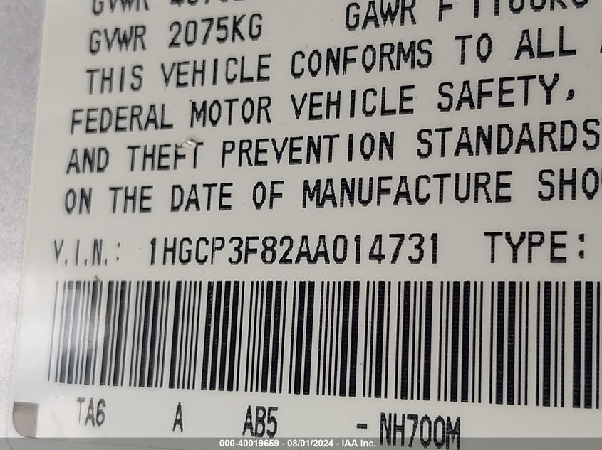 2010 Honda Accord 3.5 Ex-L VIN: 1HGCP3F82AA014731 Lot: 40019659