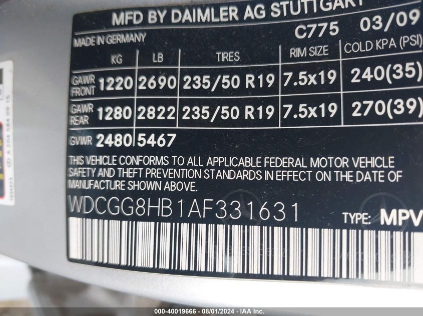 2010 Mercedes-Benz Glk 350 4Matic VIN: WDCGG8HB1AF331631 Lot: 40019666