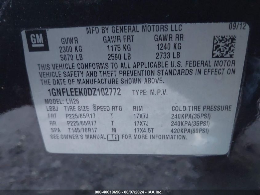 1GNFLEEK0DZ102772 2013 Chevrolet Equinox 1Lt