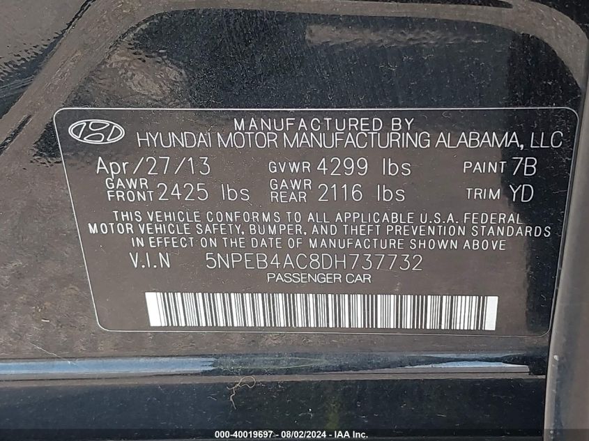 2013 Hyundai Sonata Gls VIN: 5NPEB4AC8DH737732 Lot: 40019697