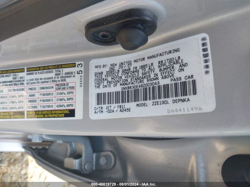 2008 Toyota Corolla Le VIN: 1NXBR30E48Z003043 Lot: 40019729