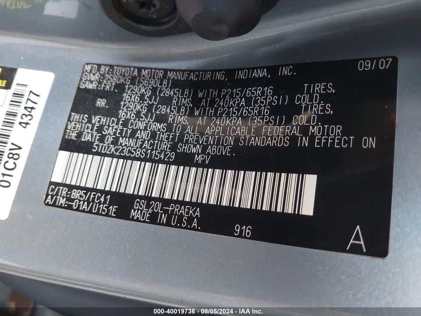 2008 Toyota Sienna Le VIN: 5TDZK23C58S115429 Lot: 40019736