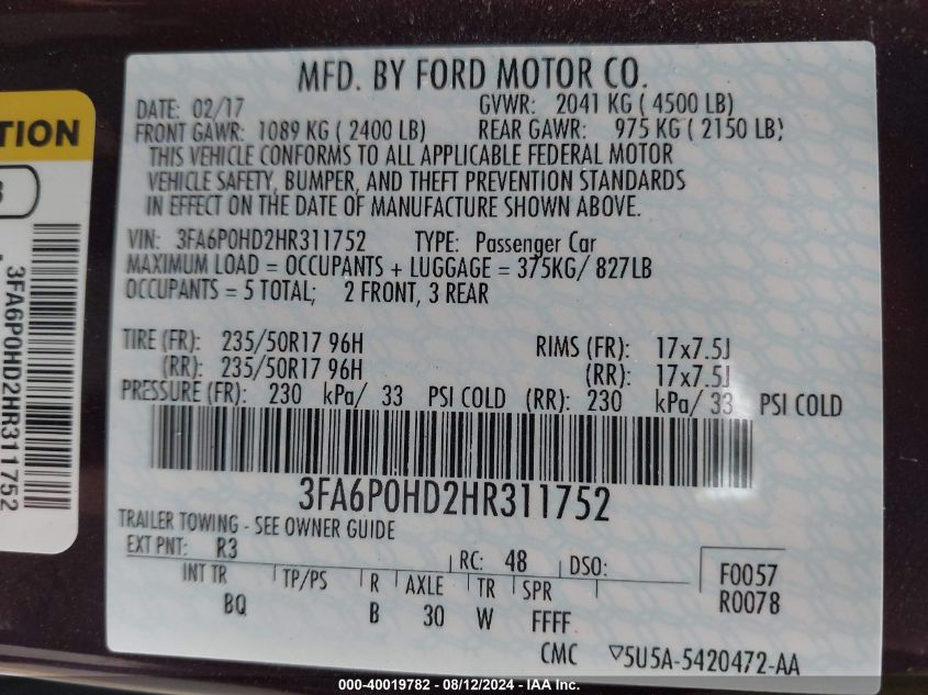 2017 FORD FUSION SE - 3FA6P0HD2HR311752